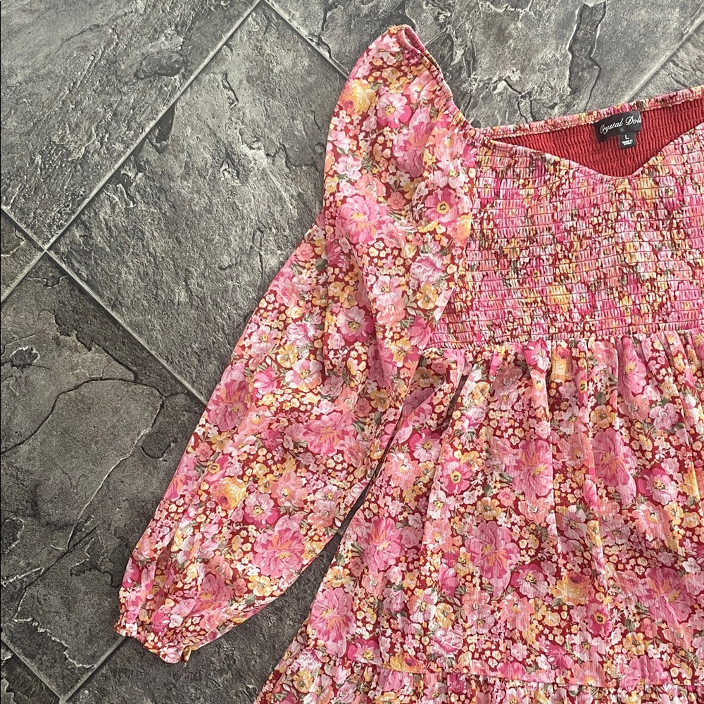 CRYSTAL DOLL Floral Coquette Babydoll Long Sleeve Shirred Pleated A-Line Dress - Picture 4 of 14